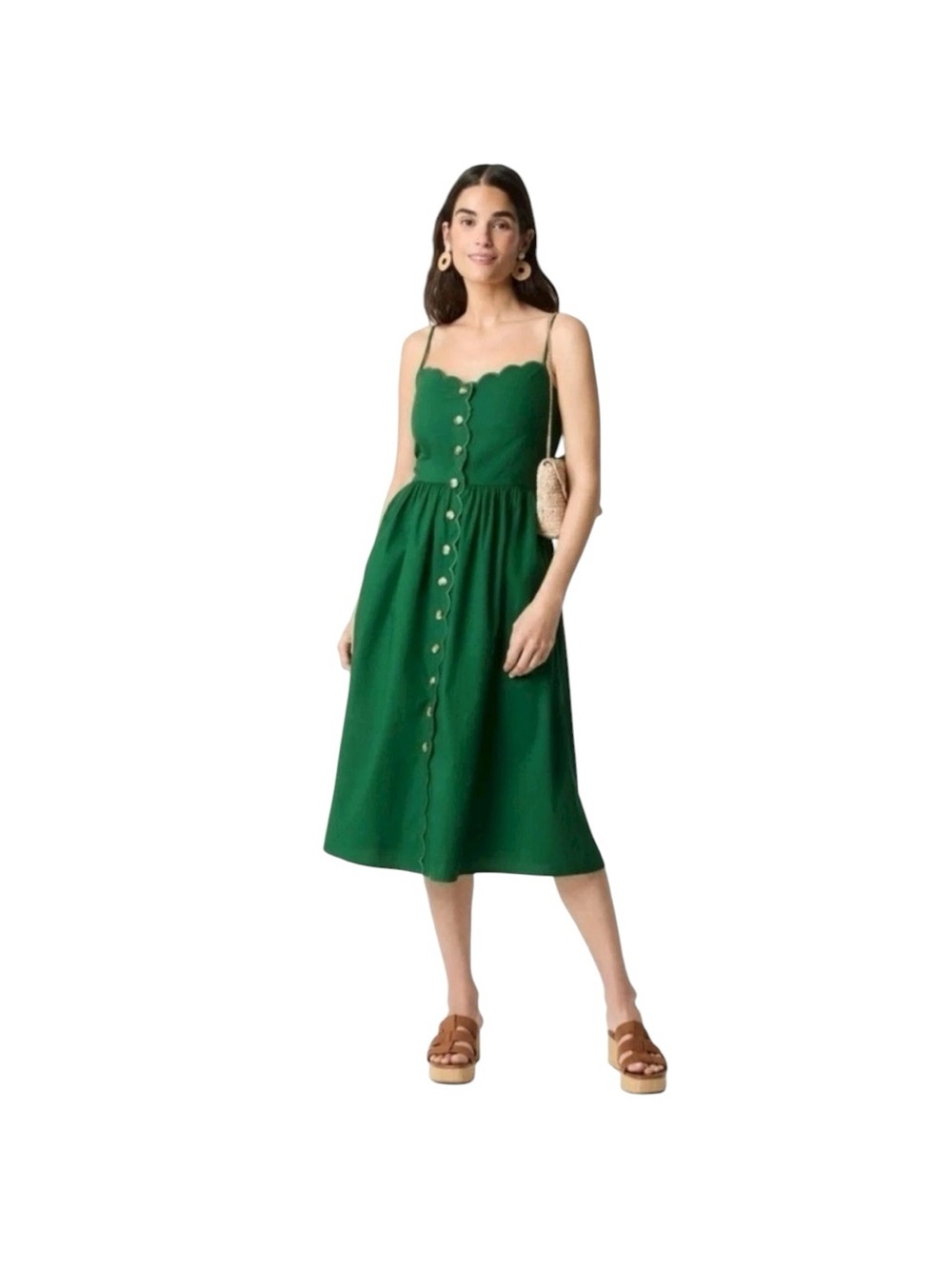J. Crew Green Scallop-Edge Midi Sundress